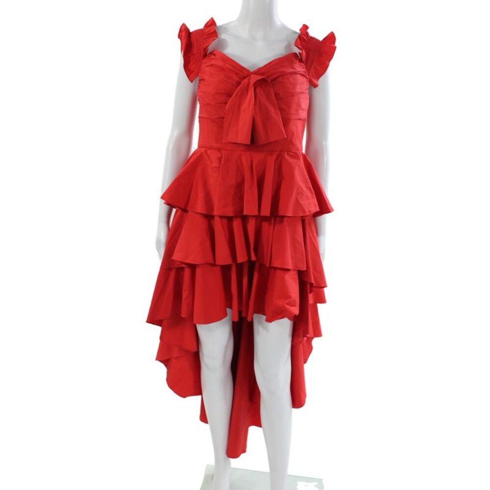 Caroline Constas Women Fit Flare Long Dress Red Short Sleeve Square Neck Size L